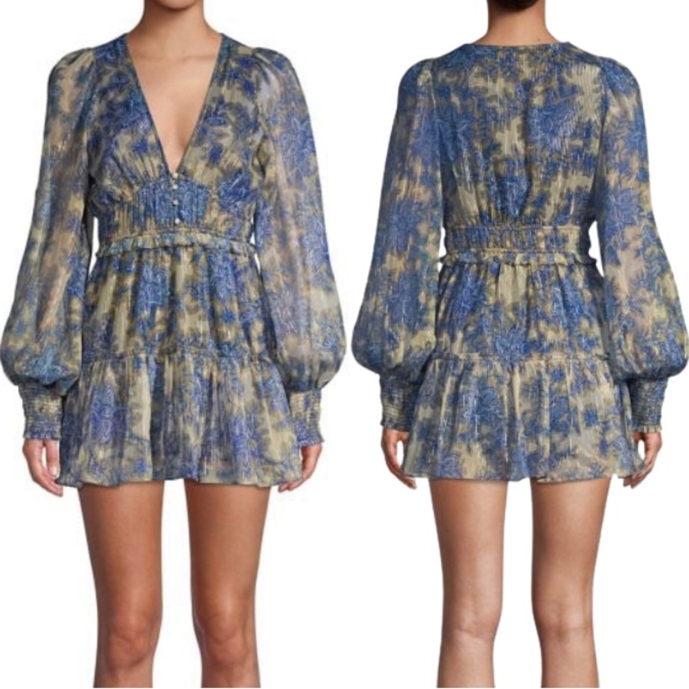 Hemant and Nandita Mini Dress XL Blue Womens Floral Print Long Sleeve dress